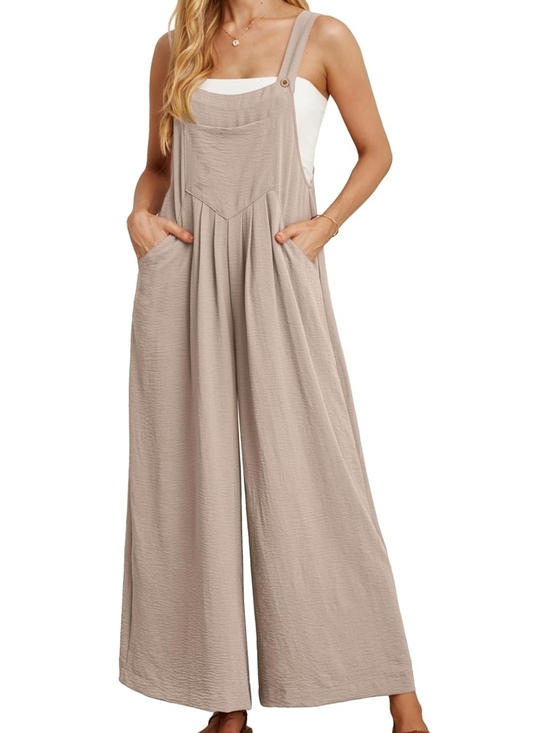Pants - Wide-Leg Khaki Overalls Jumpsuit - Casual Women's